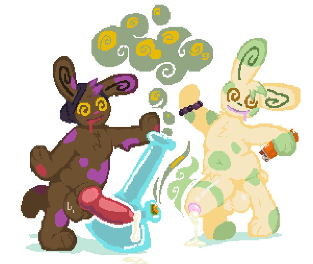 two pokemon have smoked the weed that turns them into a spinda! both of them have really huge cocks. One is holding a lighter and the other is holding the bong trying not to fall over.