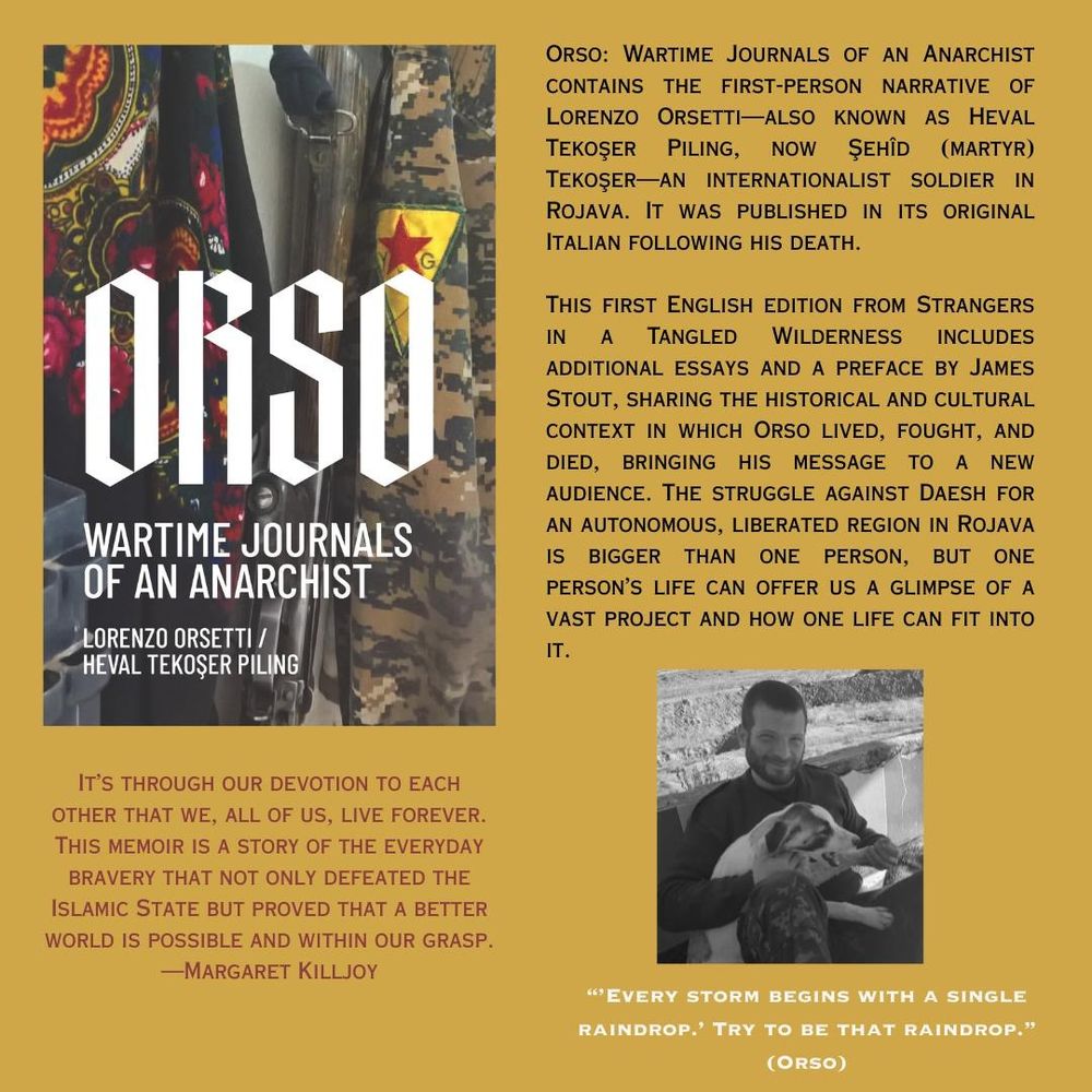 The front and back cover of Orso, Wartime Journals of an Anarchist. The text can be found on the thread. A photo of Orso, a young bearded man holding a puppy and smiling, is on the back cover, with the caption "every storm begins with a single raindrop. Try to be that raindrop"- Orso
