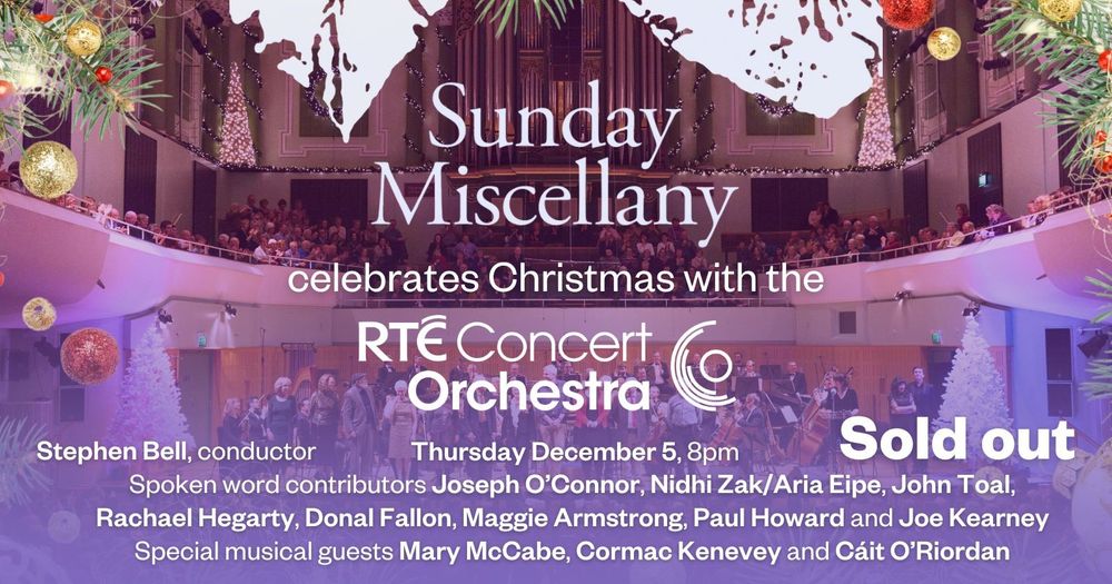 advert for a christmas concert, a nice lilac glow and christmas decorations overlaid with the performers name in white type
