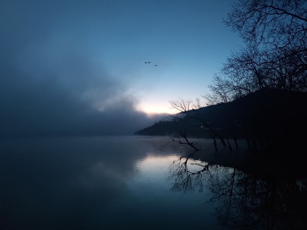 Blue foggy morning sunrise in a river valley. A trio of silhouetted ducks are flying in the middle.