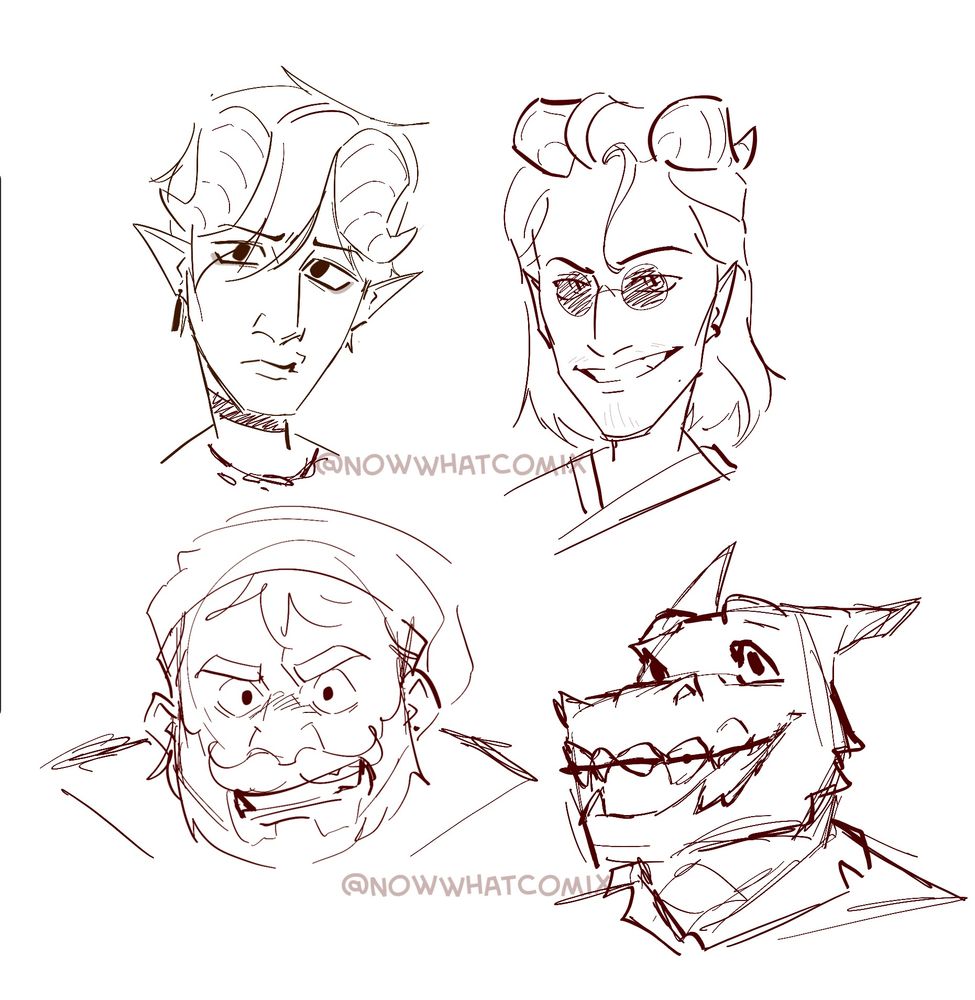 A drawing of the Bon Freres from the Mavrus Chronicles! Tread Nevers, a tiefling with swooping bangs and horns, Mavrus Bombara, a tiefling with slicked back horns and hair, Mac son of Mumford, an aggro hipster dwarf, and Hungry Dave, a goofy looking Dragonborn with a retainer.