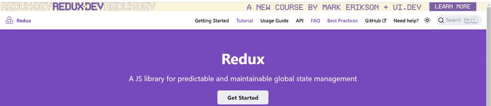 a screenshot of the Redux.js.org docs site, with a new banner advertising the upcoming "Redux.dev" course