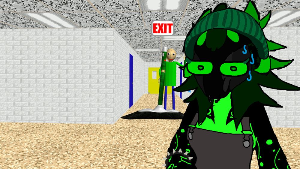 You can see a poorly traced drawed Lory frightened by a baldi and sweep sweep