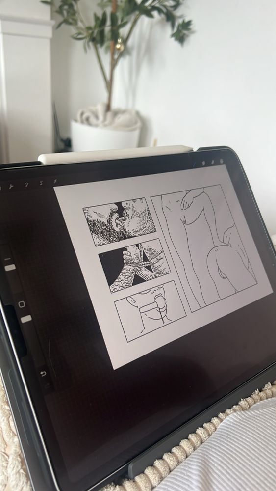 A half finished drawing on an iPad. There are 4 boxes, one of two men kissing with tongues, one of rope being tied around hands, one with a ball gag, and another with a trans man standing on the back of another trans man on all fours.