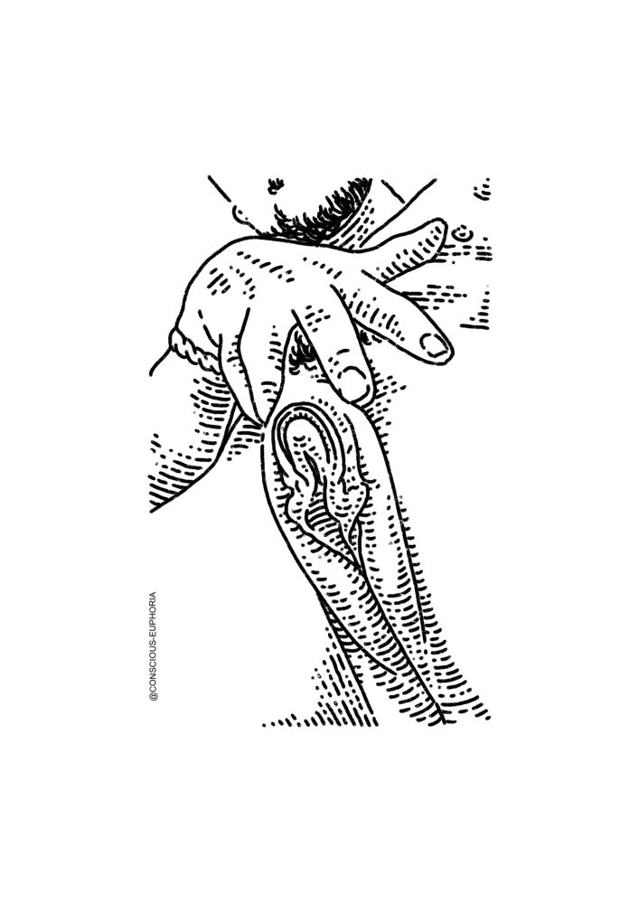 A POV line art drawing from down below looking up to a trans guy pulling his t dick up