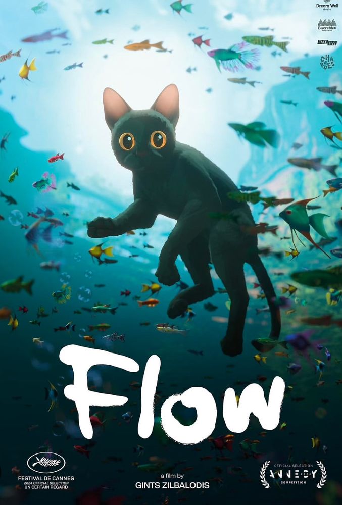 movie poster for Flow. an animated, very startled-looking cat with dark fur and large  gold eyes in ocean surrounded by colorful fish. pov looking up from underwater at the cat above you; it is framed in brilliant sunlight 