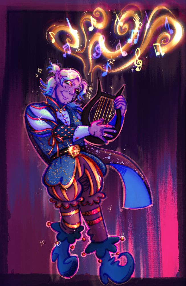 full body illustration of niamh, my TAV for BG3. they are a half-elf bard, and is wearing the “volo outfit” dyed lavender. they are strumming their lyre, golden tendrils of music magic sweep around their head.