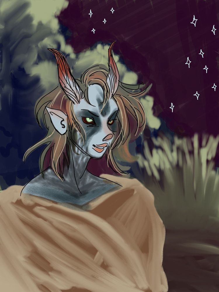 Coloured sketch of a Mephistopheles tiefling wrapped in a big blanket