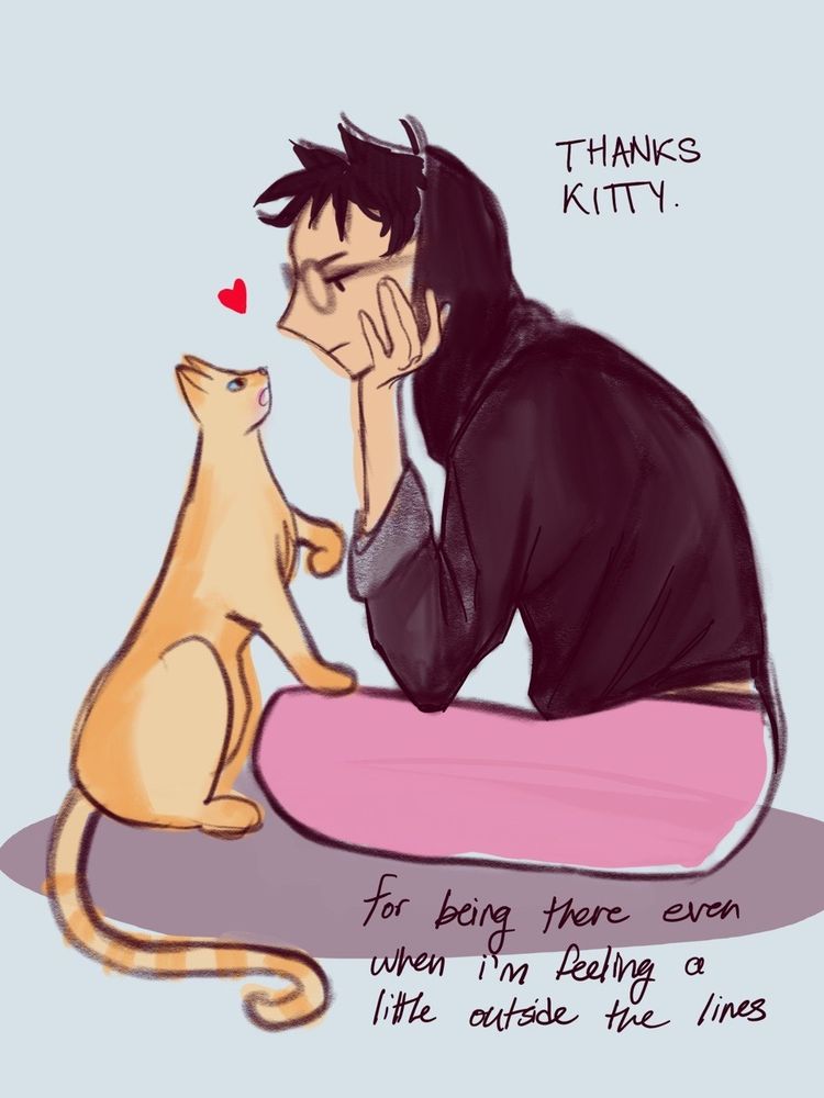 guy in a hoodie and pink sweatpants sitting down and staring straight ahead, a yellow cat with a paw on his knee tries for his attention

Text reads: thanks kitty, for being there even when I'm feeling a little outside the lines