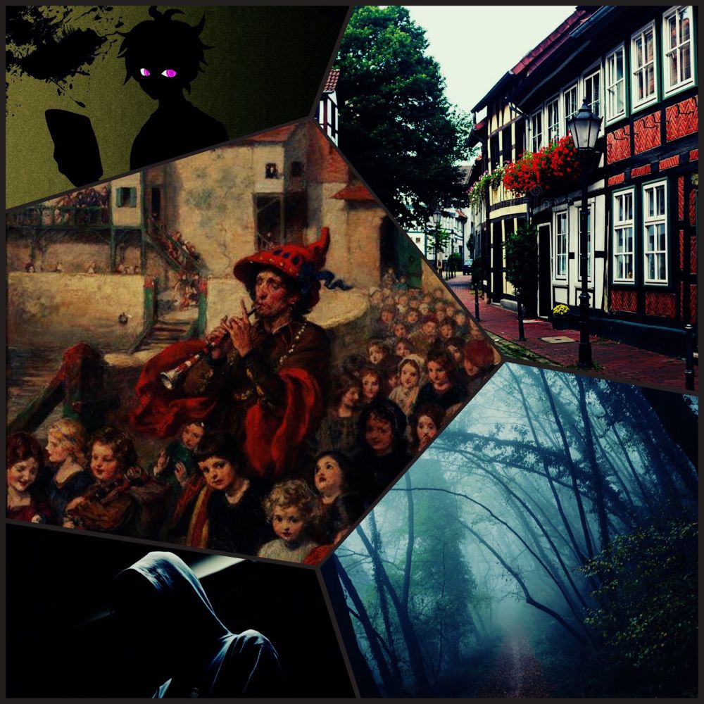 A collage of 5 images. Top left is a green background with a black silhouette of a youth holding a device. Top right is a photo of a street in Germany with red, yellow and white brick colouring houses, with a classic Victorian streetlight with a basket of red roses hanging from it. Middle section has a man in pied clothing playing a pipe and surrounded by children surrounding him (the Pied Piper). Bottom right is a foggy darkish forest with a dirt trail leading further inside. Bottom left corner is almost black except for a hooded figure that can be kind of seen.