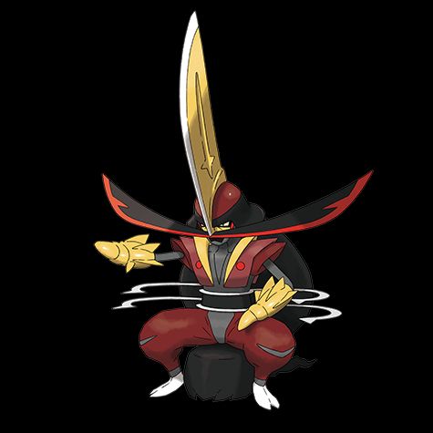 A red/black samurai looking pokemon pointing forwards.