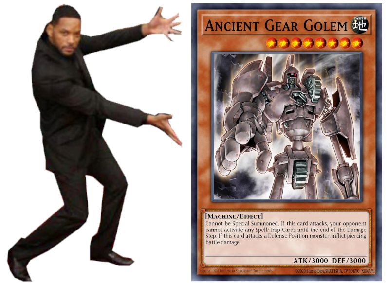 will smith presenting a card called ancient gear golem