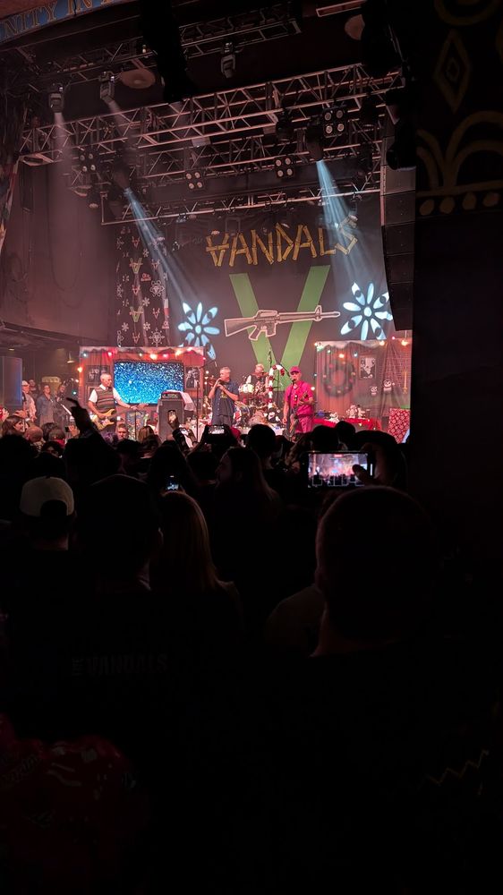 A crowd in front of a stage. Band members on stage. Vandals. 