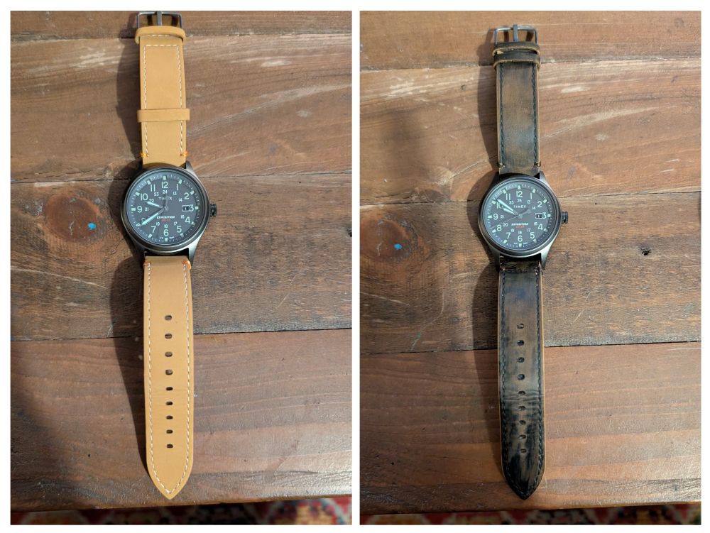 Two images of the same watch. Before and after darkening the leather watch strap.