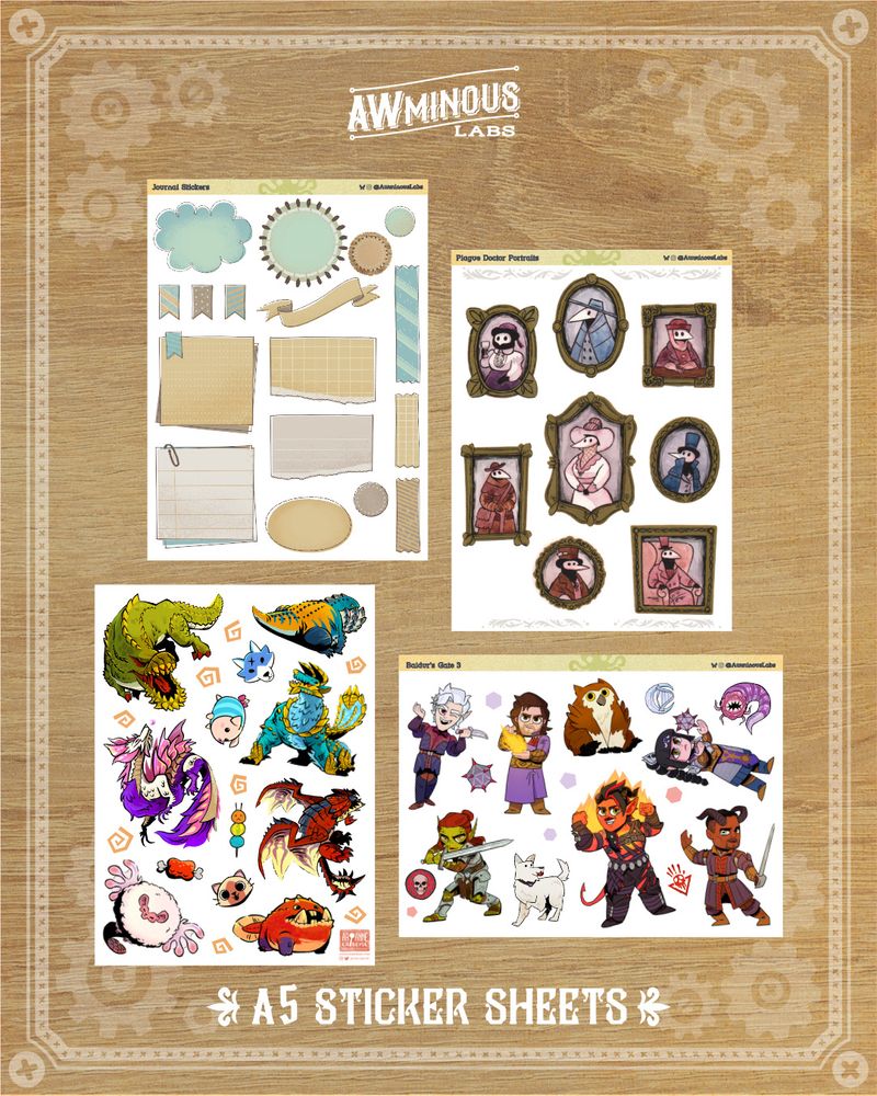 A5 Sticker Sheets: Journal Stickers, Plague Doctor Portraits, Monster Hunter and Baldur's Gate 3