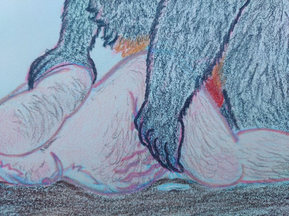 A close-up of the monster's red knot, and Alex's stomach and ass.