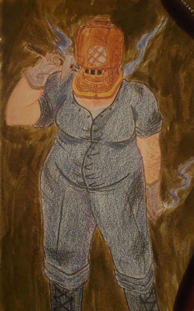 Traditional art of Furnace Ancona from Fallen London. She's a fat, buff, tan butch. She stands with a hammer held over one shoulder, and a cigarette in her other hand. Her uniform is stained with grease and sweat, and tight around her chest and stomach. She wears it partially unbuttoned, showing off her chest. Smoke rises from her helmet, which is very weathered and damaged. On her left arm are four claw burn scars. She wears black boots.