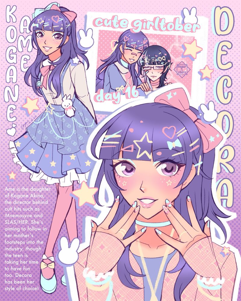 A scrapbook/magazine page featuring oc Ame in decora fashion. One photo is of her dressing her mother Akina in decora too!
