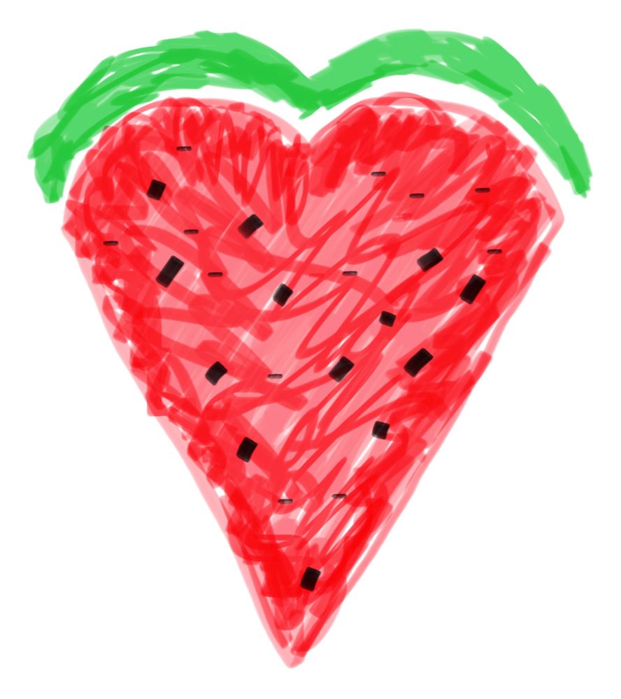 People of the world unite. A broad-tipped felt pen sketch of a heart-shaped slice of watermelon. Red with black dashes. Green across the curves at the top of the heart shape. A better world is possible. We must take care of each other. One day we will all be free. Peace and love will win if we never give up. 