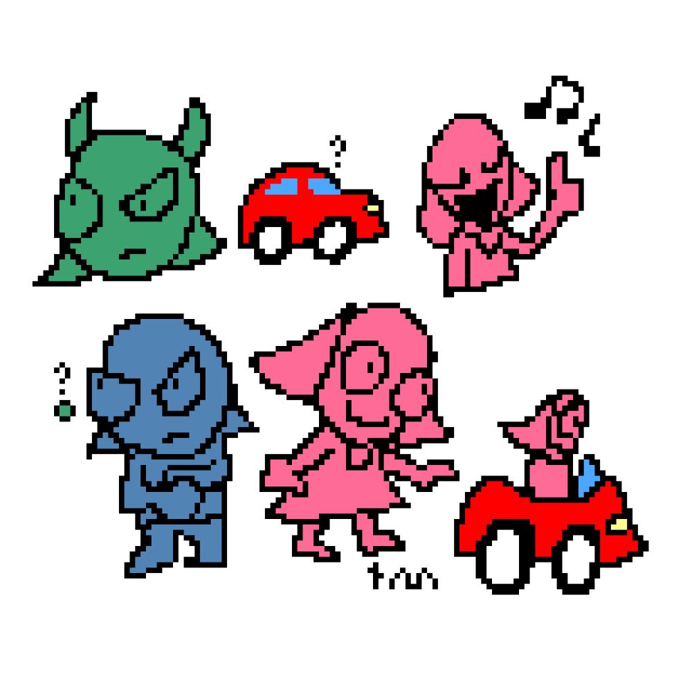 Concepts of a blue and pink girl. The blue girl is also depicted as green with horns. The pink character also has a red car.