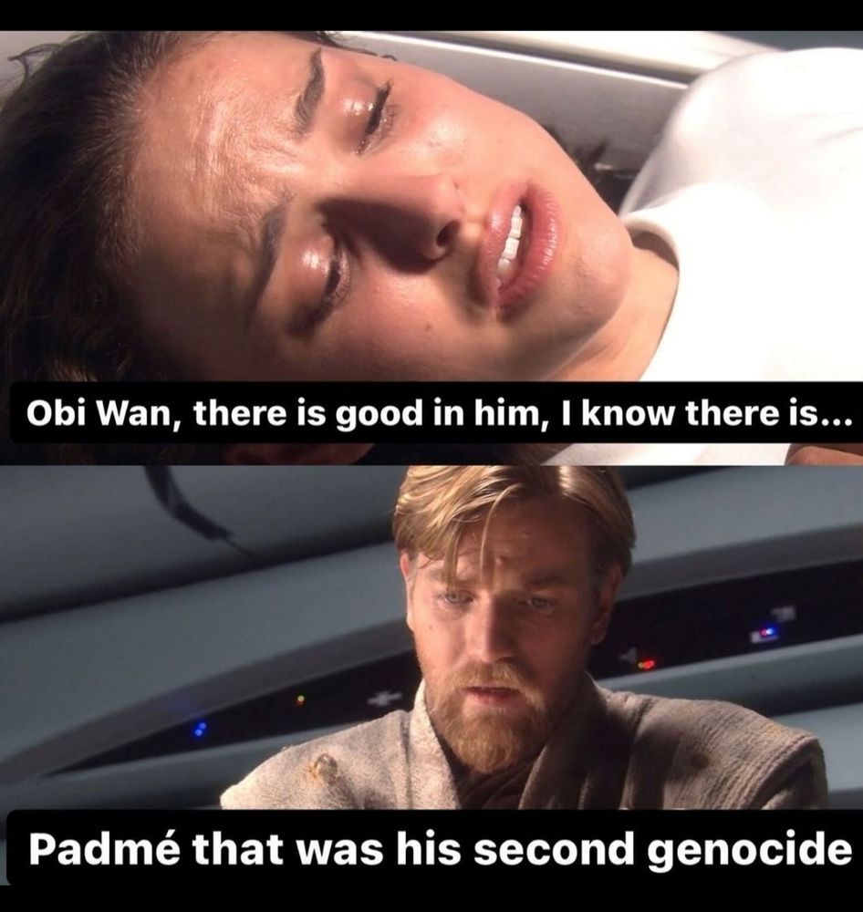 Padme: Obi-Wan, there is good in him, I know there is.

Obi-Wan: Padme, that was his second genocide.