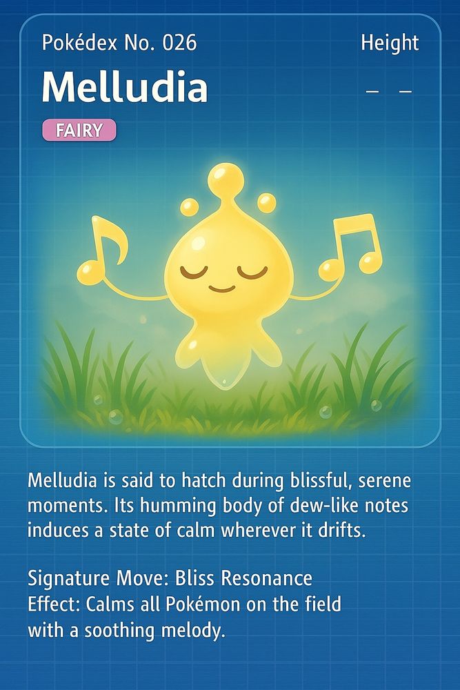 A digital Pokédex entry image for Melludia, a Fairy-type Pokémon. The design matches the clean, blue grid style of official Pokédex screens. Melludia floats serenely above dewy grass, glowing softly with a yellow, teardrop-shaped body. It has two musical note-shaped arms and a calm, contented face with closed eyes. The background is misty and pastel-colored, evoking peace and tranquility. The entry text describes Melludia as a Pokémon that hatches in blissful, serene moments and soothes others with its humming body. Its signature move, Bliss Resonance, calms all Pokémon on the field with a soothing melody.