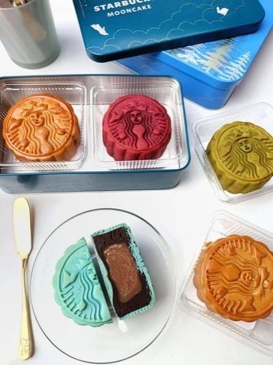 Starbucks Mooncakes in various colours.