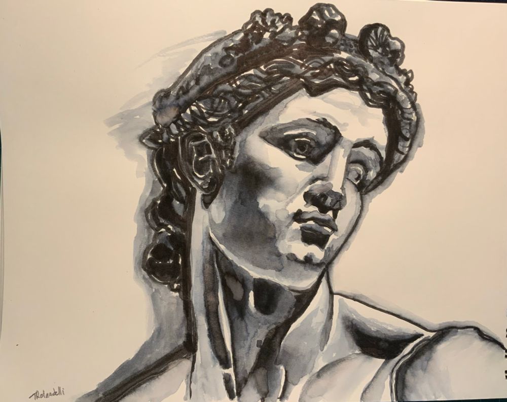 The head of a traditional Roman like statue, similar to David, depicted in black and grey water based ink. He is looking to his left and there are strong shadows. 