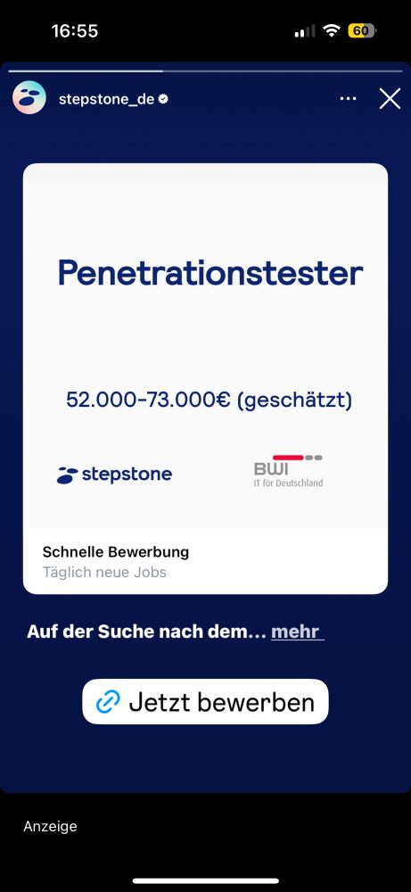 Werbeanzeige von stepstone auf Instagram für den Job als Penetrationstester
