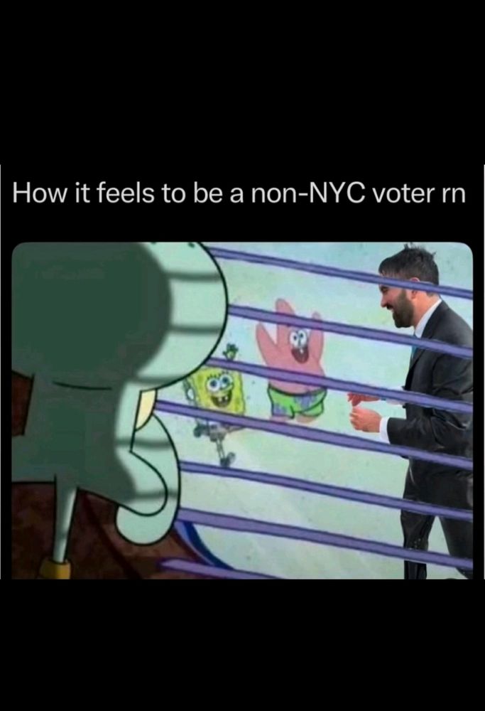 Squidward is looking through the blinds on his window at SpongeBob and Patrick excitedly running up to Zohran Mamdani