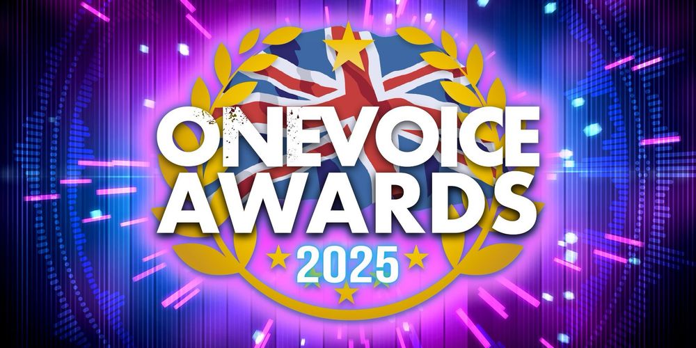 One Voice Awards 2025 logo surrounded by a rosette, set against a UK flag with a vibrant neon pink and purple tech-inspired background.
