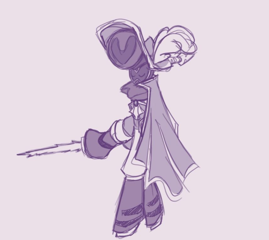 Ten from mario and luigi brothership with a swordsman outfit, having a hat with big feathers on it, cape, and using his light saber thingie as a sword