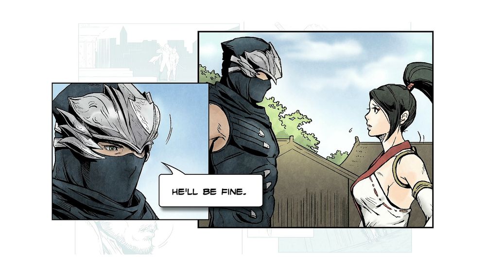 A manga-style illustration featuring two characters from Ninja Gaiden. The central figure is a masked ninja warrior wearing a dark outfit with silver armor pieces on his shoulders and a distinctive, intricately designed helmet. His face is mostly covered except for his piercing green eyes. In the foreground, a speech bubble reads, 'He'll be fine.' The second panel shows the same ninja standing in a village setting with traditional Japanese rooftops in the background. He is speaking to a female character with long black hair tied in a high ponytail, wearing a white and red sleeveless outfit with bandages on her arms. The sky is clear and blue, with green foliage in the background.