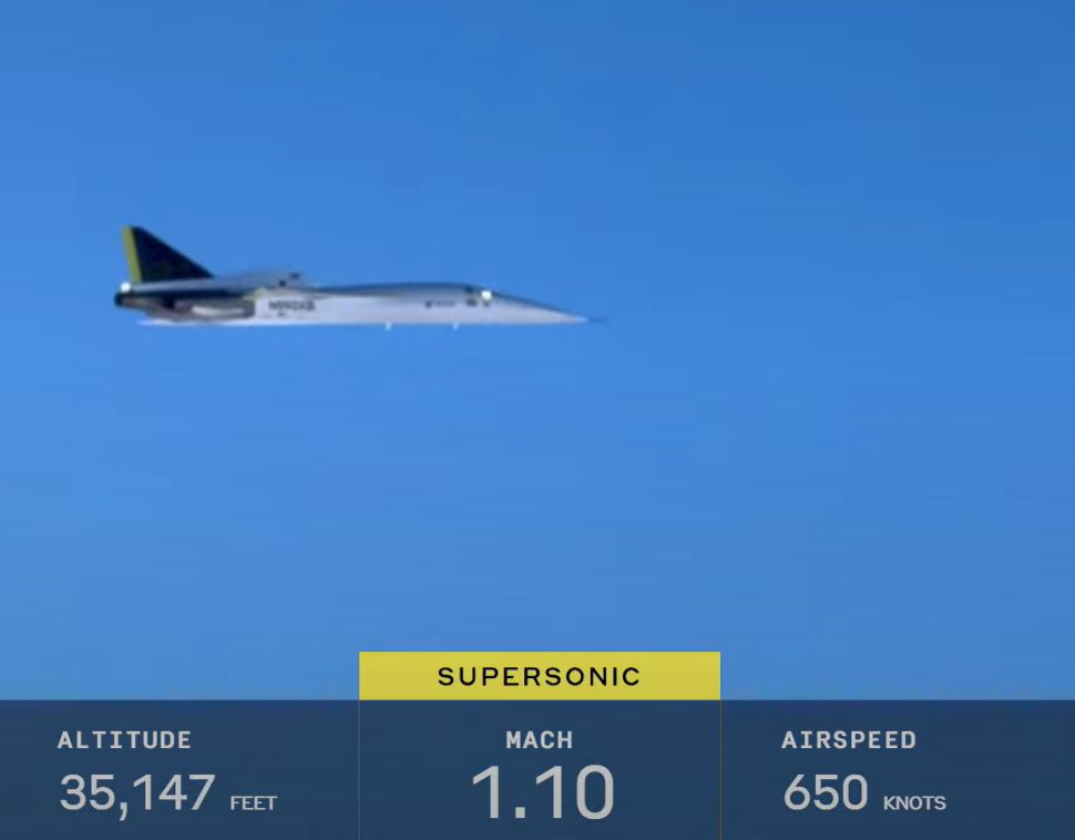 An image of the Boom XB-1 test plane with the speed readout showing "Supersonic: Mach 1.10".