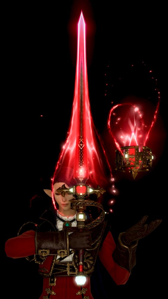A GPose of Lhaya in her canon Redmage attire holding a very fancy, red glowing Redmage rapier in front of her. Her eyes are closed. 
