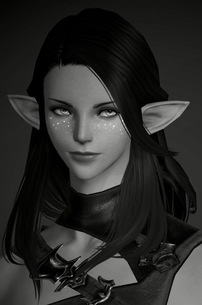 A black and white GPose portrait screenshot of Lhaya in her Elezen starter gear 