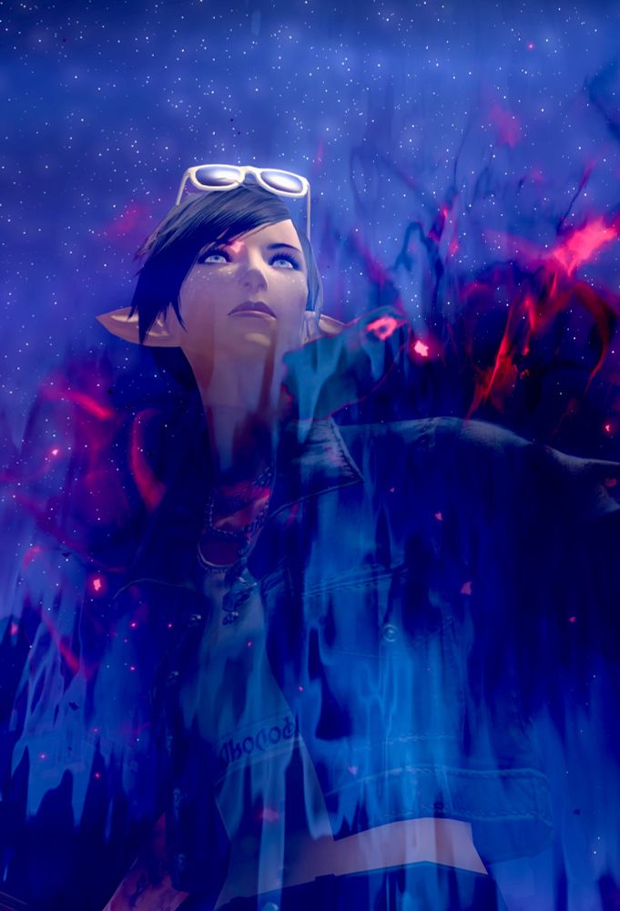 A GPose shot of a short haired Lhaya with sunglasses on her head, posing in the Reaper battle effects 