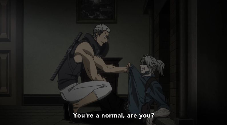 muscly anime man with batons strapped to his back crouched down gripping shirt of man with blond ponytail and eyepatch subtitles read you're a normal, are you?