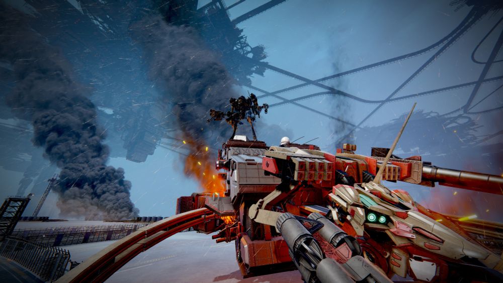 reverse-leg ac standing on the back of a defeated balteus, from a very wide-angle perspective and shot from below with two plumes of smoke billowing in the background