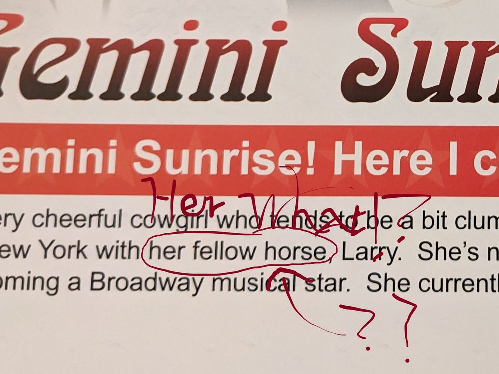 a zoom of the previous image. "her fellow horse" is circled. below, an arrow pointing to the circle, from two question marks. above, drawn in dark red in paint3d's fountain pen tool, "Her What!?"