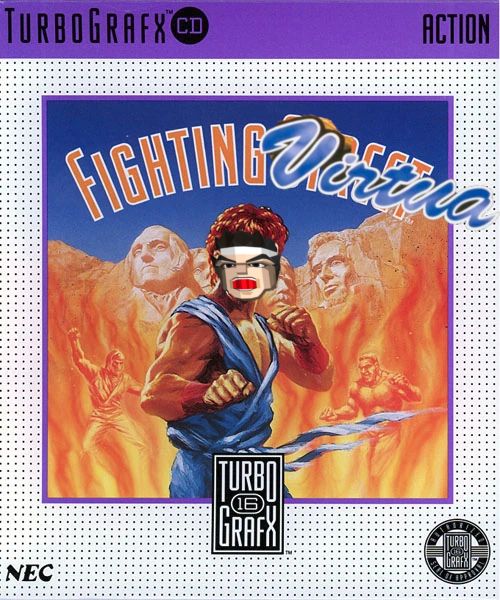 "FIGHTING Virtua" the boxart for fighting street -- the pc engine/turbografx 16 port of street fighter -- but with akira's face (with mouth open" crudely 'pastede on yay' over ryu's, and also the "virtua" in vf's title pasted over the "street" in the title (with the original text clearly visible and also the "a" is hanging over the white margin area of the boxart