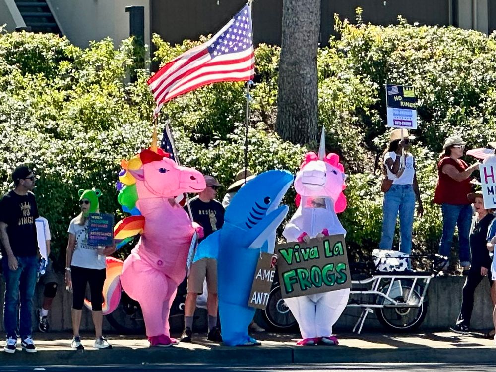 Three inflatables standing by the side of the road. One is holding an American flag. Another holds a sign that says viva la frogs.