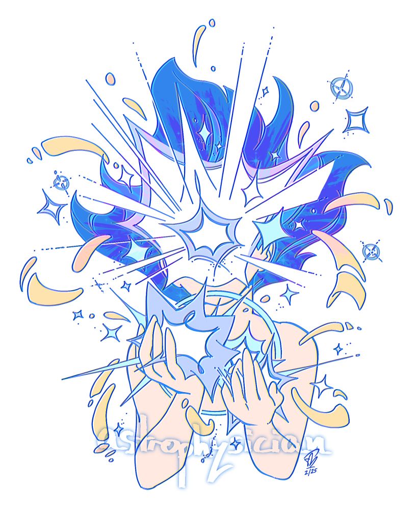 A person with floating blue hair, and their hands full of stars. Their face is shining with a star shape.