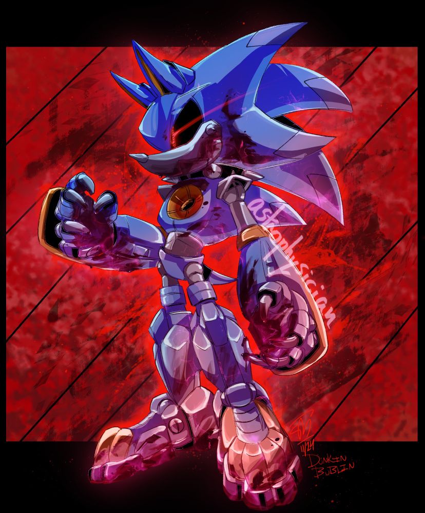 A digital drawing of a Metal Werehog Sonic design, covered in blood. 