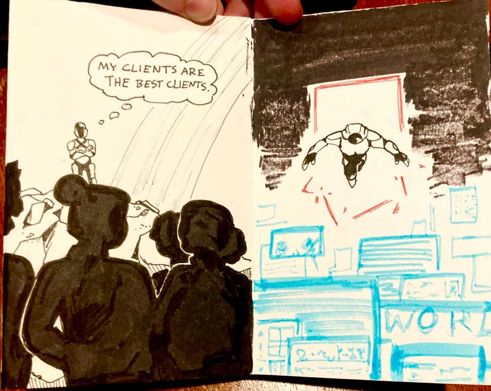 The final interior. On the first page, Murderbot looks over the silhouetted crew of PreservationAux and thinks, “My clients are the best clients.” On the second page, Murderbot is breaking out of a red box, falling out of a dark void into a sea of digital, blue info windows. 
