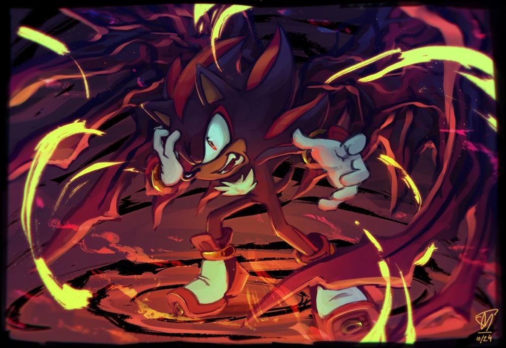 An illustration of Shadow the Hedgehog obtaining his new Doom Power: Wing.