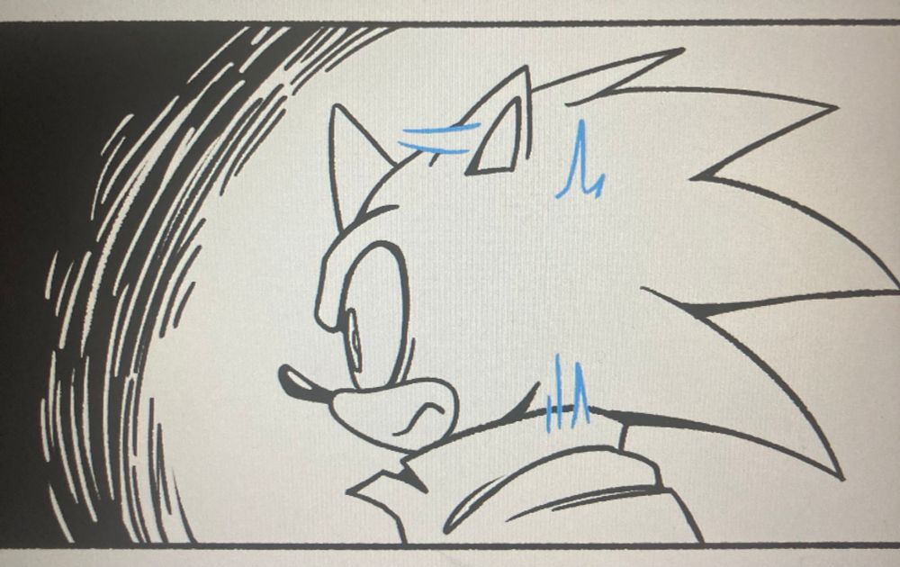 A cropped comic panel of Sonic(?) looking startled