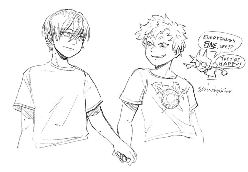 Yoshiki and Hikaru holding hands. A doodle of the artist points at them and yells, “Everything’s FINE, see?? They’re HAPPY”