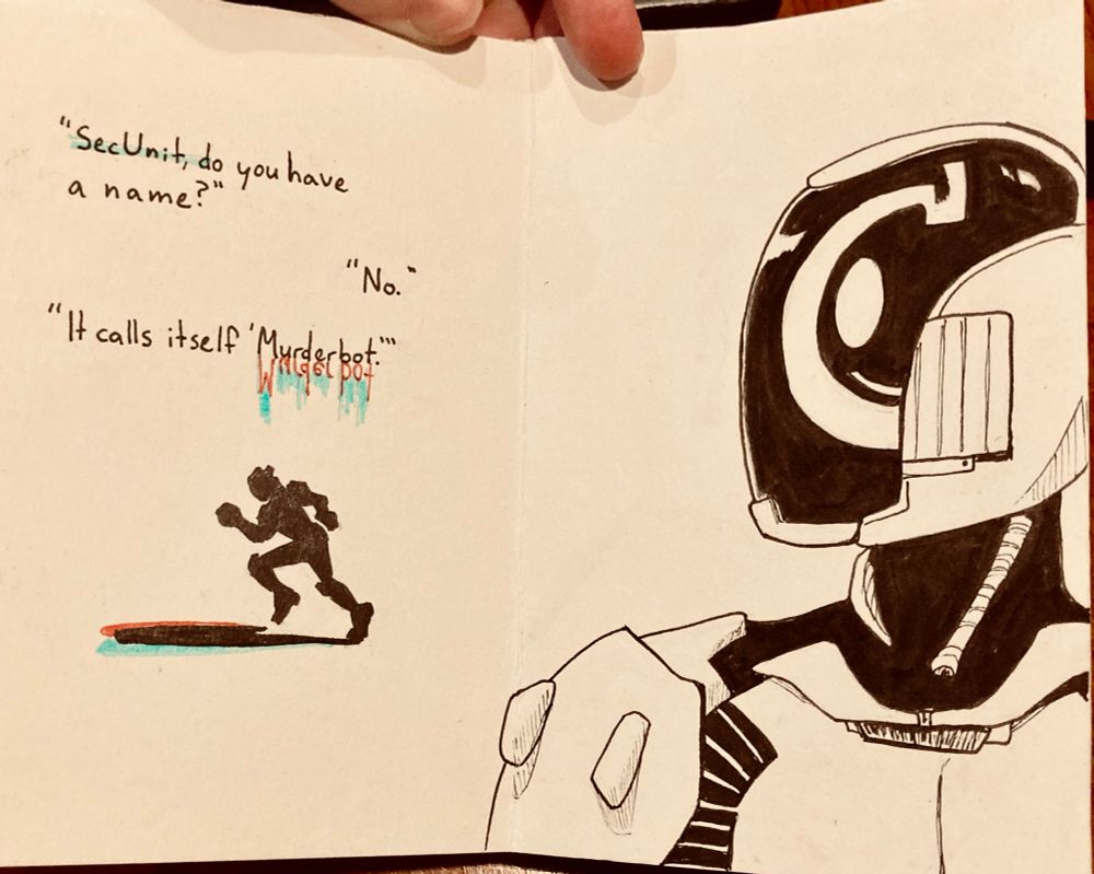 The second interior. The first page has an exchange of dialogue: “SecUnit, do you have a name?” “No.” “It calls itself ‘Murderbot.’” A small silhouette of Murderbot runs, its shadow morphing into red and blue. The second page shows a more detailed drawing of its head and shoulders in profile. Murderbot looks noticeably different in every drawing of it. 