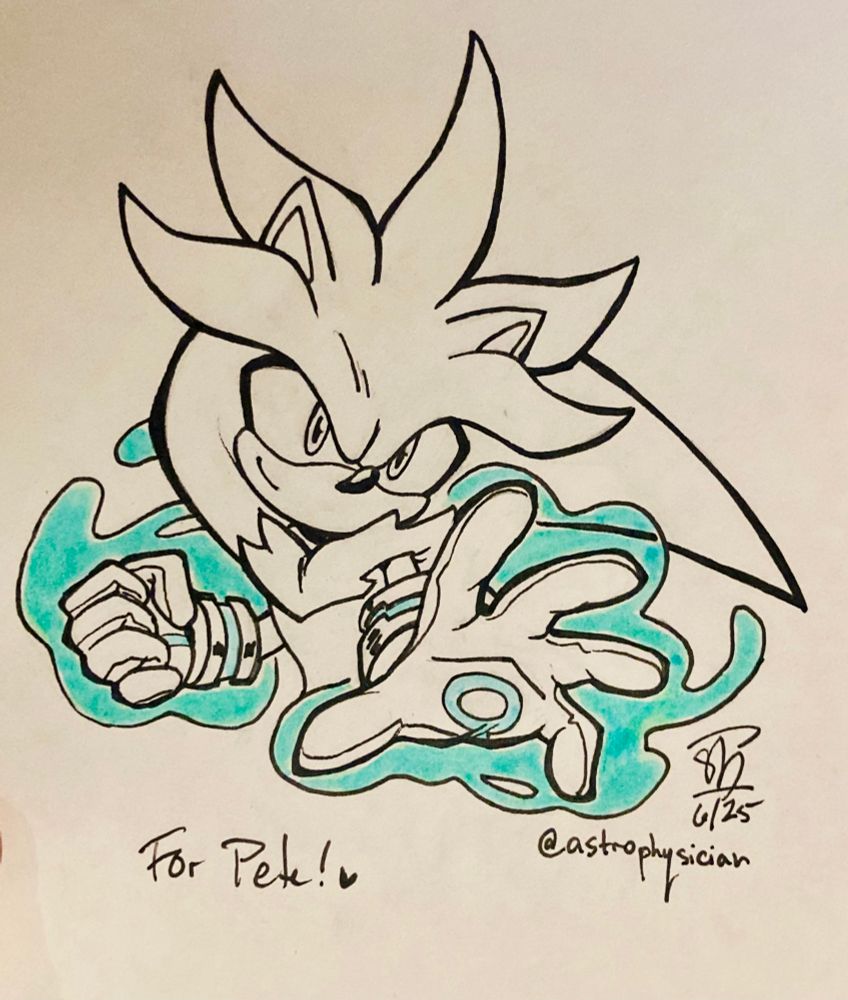 An inked bust of Silver the Hedgehog using his psychokinesis. Text reads “For Pete!”